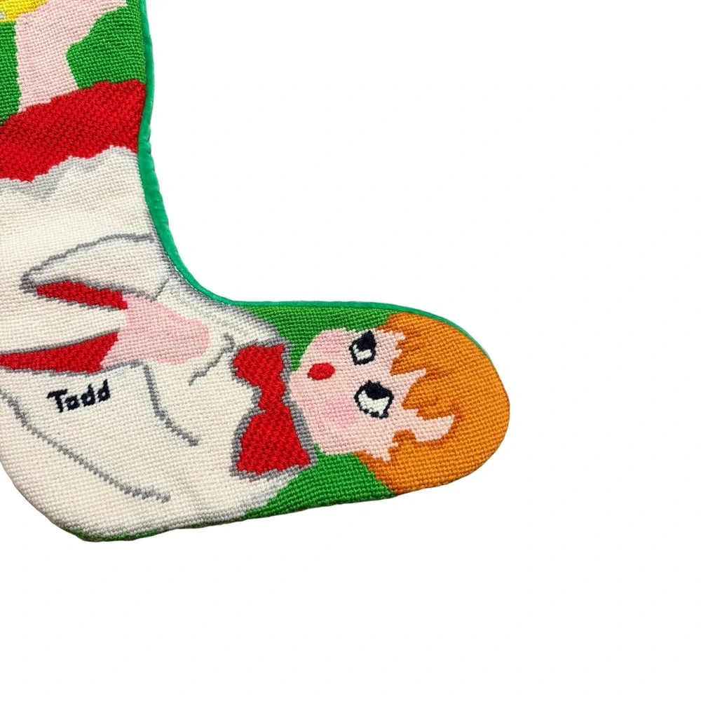 Vintage Needlepoint Christmas Stocking Todd Boy Music Book Green Velvet 19 Inch